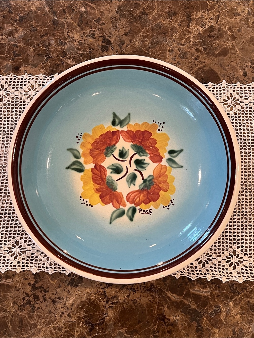 VTG Rare Roseville Ohio Oversized Hand-Painted Signed Blue Floral Bowl Mid-Centr